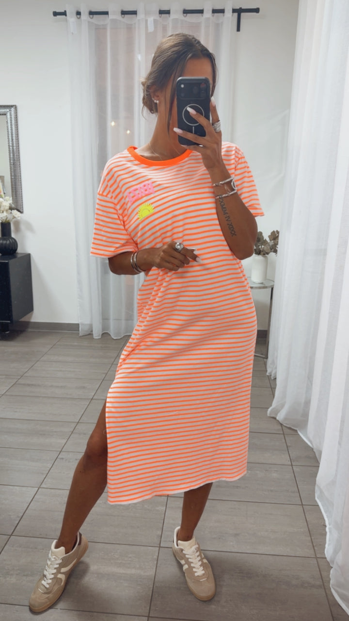 Streifen T-Shirt Kleid Sunshine / weiß - neon orange Art.15623