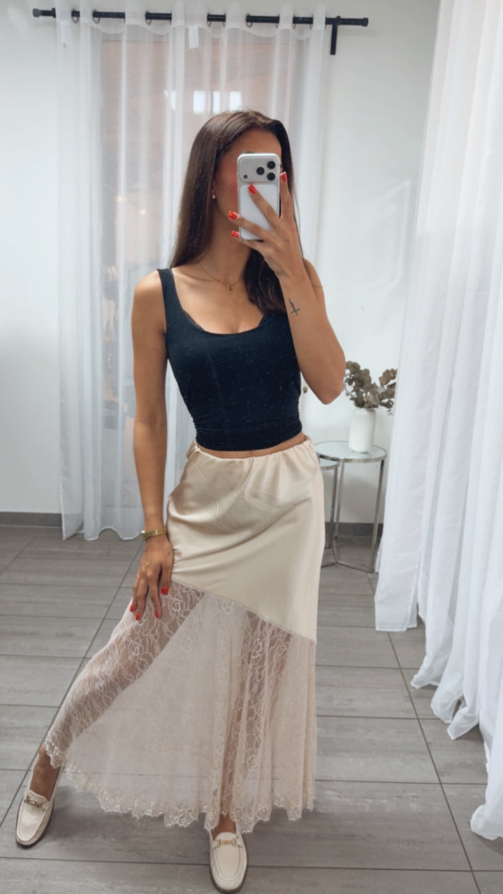 SATIN Optik Maxi Rock mit Spitzeneinsatz / creme Art. 15593