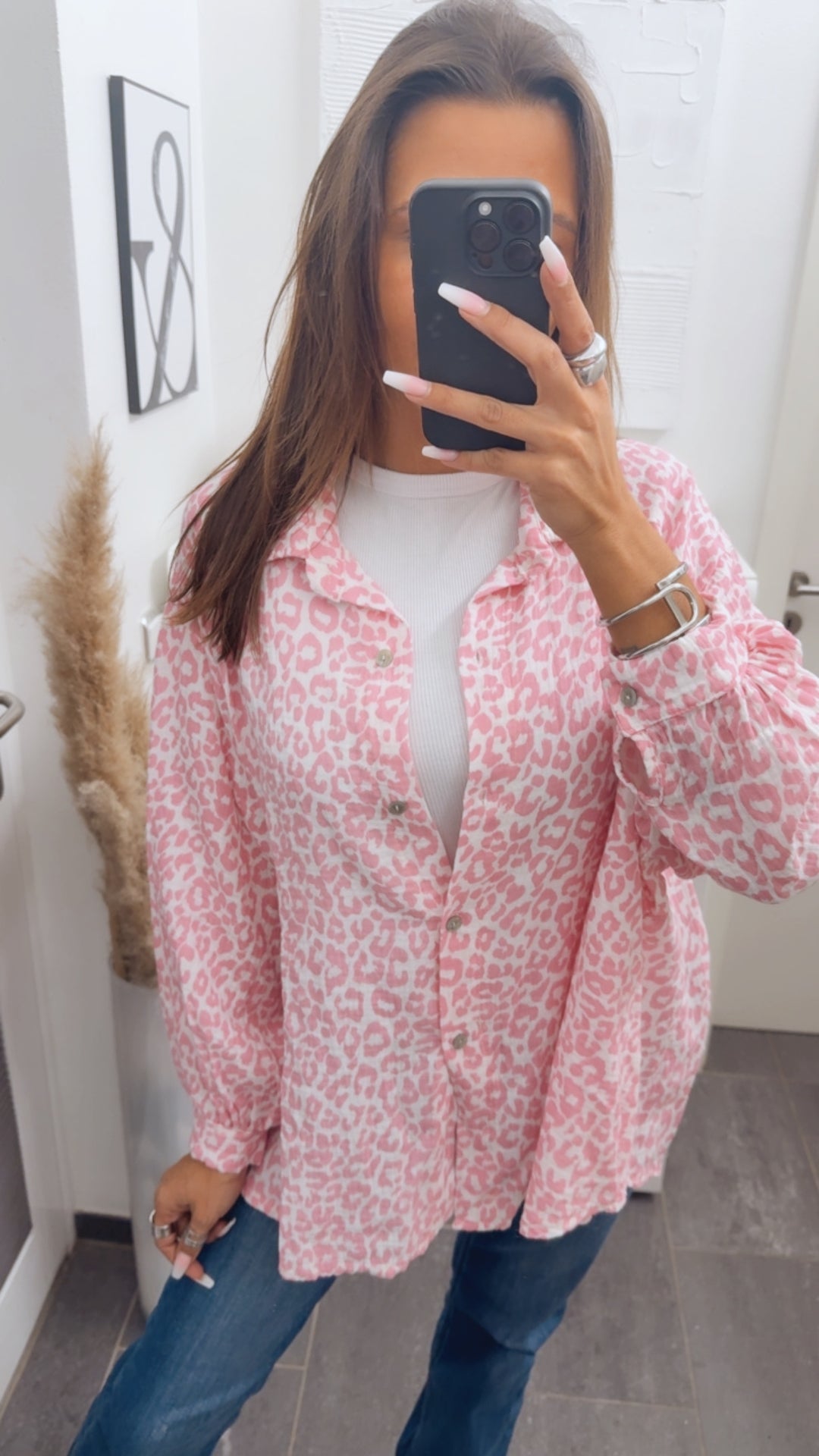 LEO KURZE Oversize Musselin Bluse / weiss - rosa Art. 13762