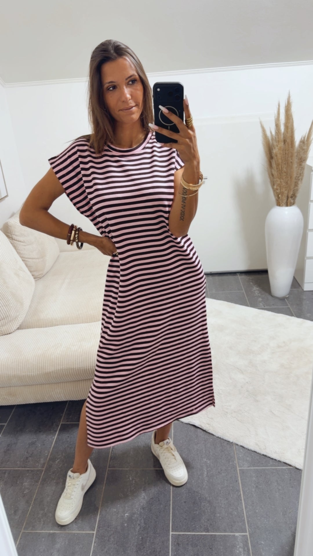 GESTREIFTES MIDI T-Shirt Kleid / dunkel braun - rosa Art.15177