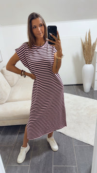 GESTREIFTES MIDI T-Shirt Kleid / dunkel braun - rosa Art.15177