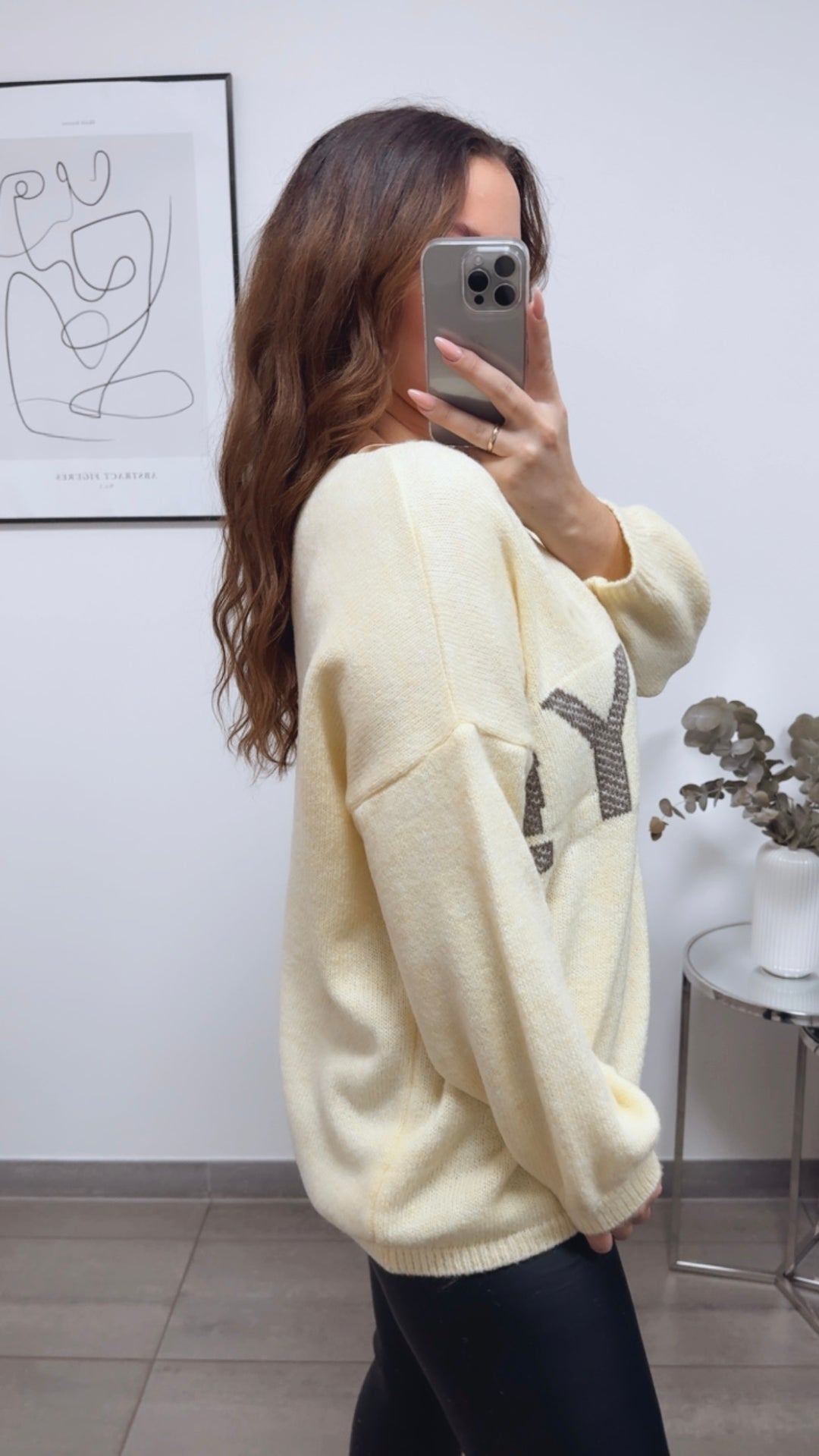 Strick Pullover " HEY ! " / soft gelb - taupe Art. 13150