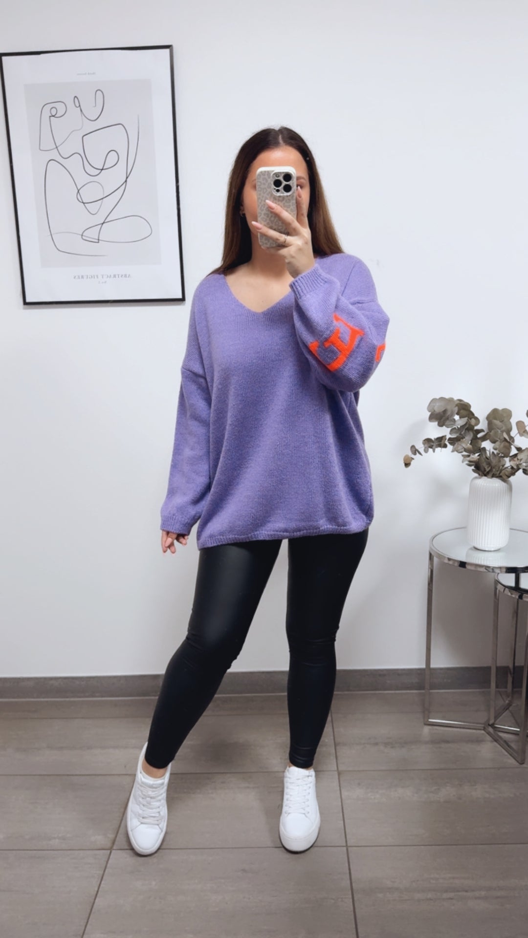 Strick Pullover "Namaste" / Flieder - Neon orange Art. 13336