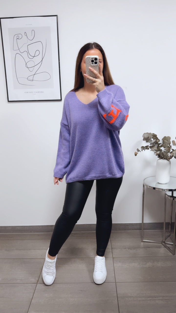 Strick Pullover "Namaste" / Flieder - Neon orange Art. 13336