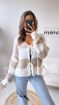 STREIFEN Strick Cardigan zum schnüren / beige - wollweiss Art. 10816
