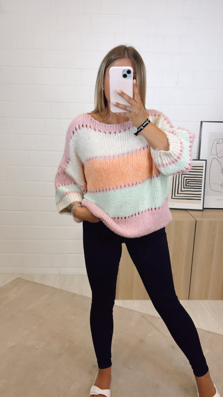 Loch Pullover im Bubblegum Look / rosa - beige - mint - soft orange Art. 11020