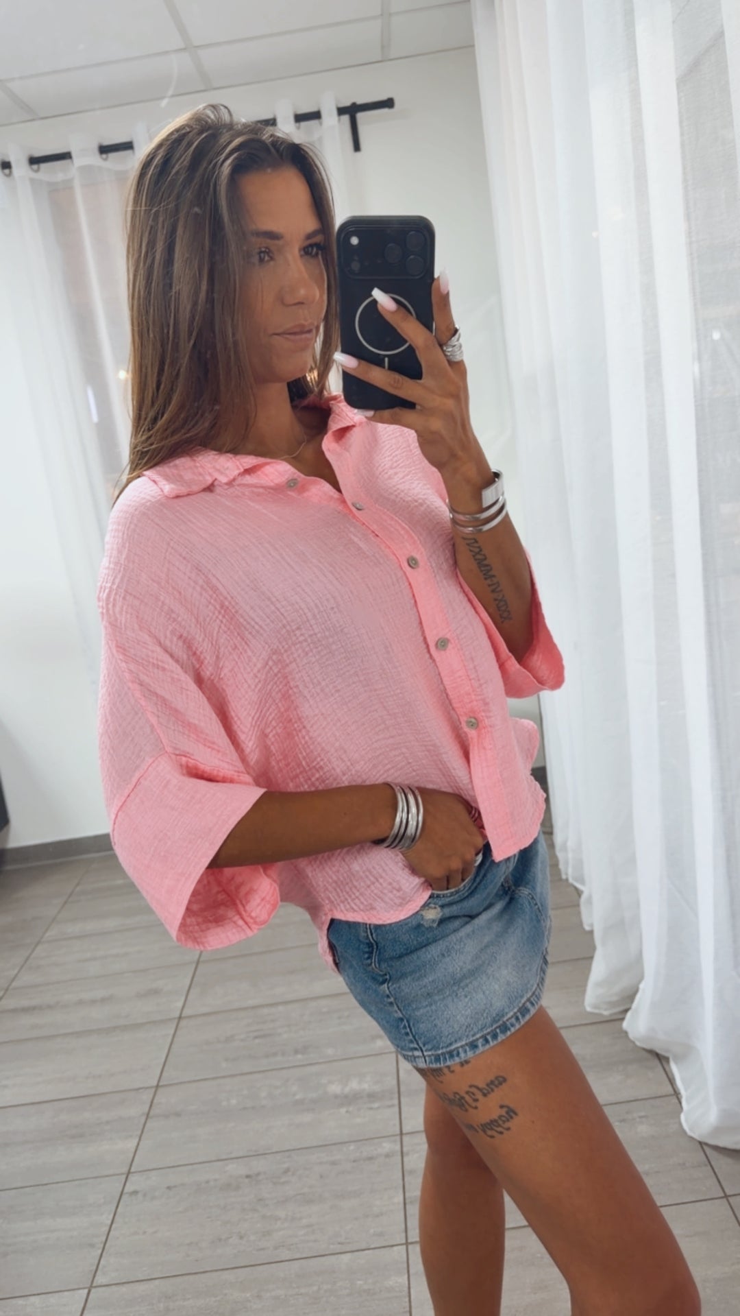 Lyocell - Viskose - Mix Bluse mit kurzen Armen / soft pink Art. 15385