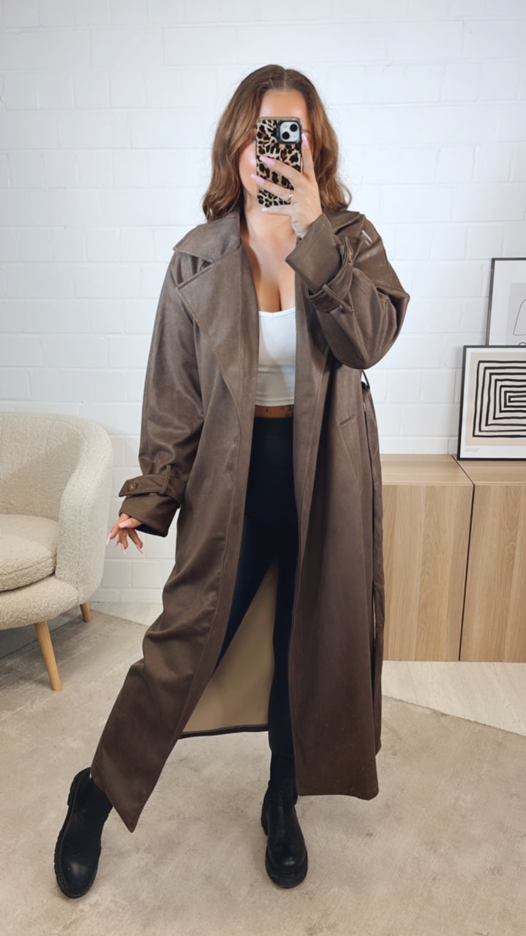 VELOURS langer Trenchcoat Mantel zum SCHNÜREN / braun Art. 12609