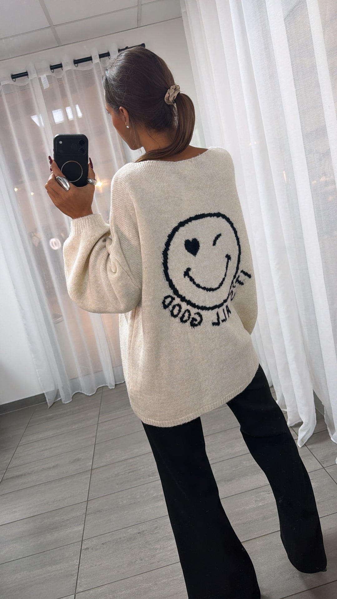 SMILEY Strick Pullover " all good " / creme - schwarz Art. 16441