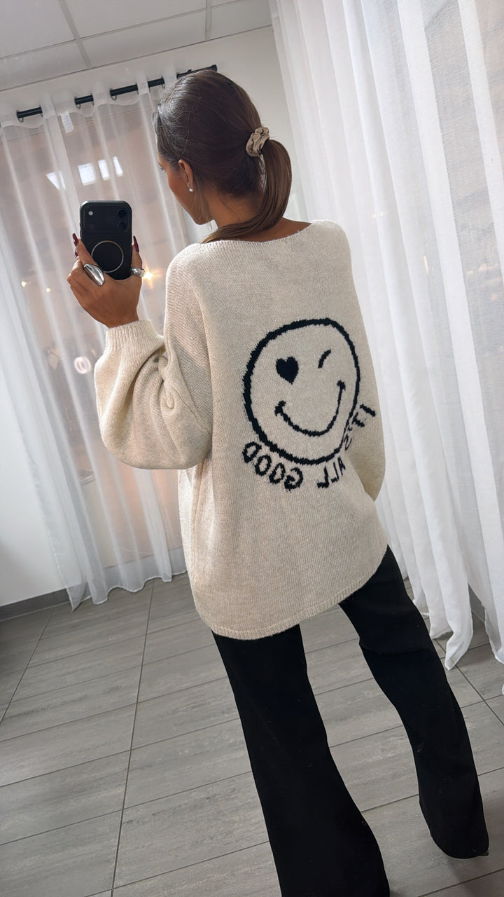 SMILEY Strick Pullover " all good " / creme - schwarz Art. 16441