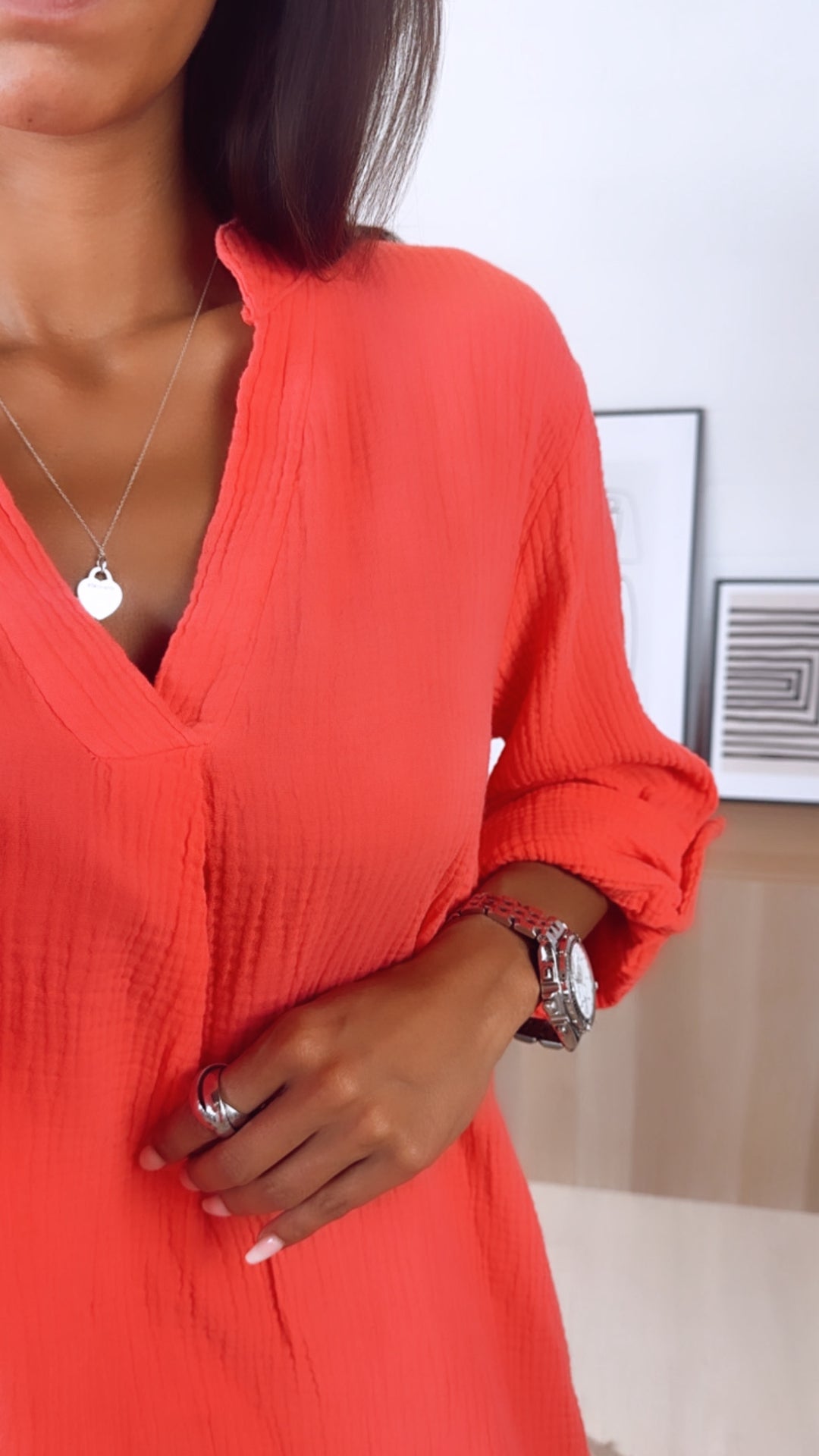 BLUSENKLEID Musselin mit V-Ausschnitt / coral Art. 10995