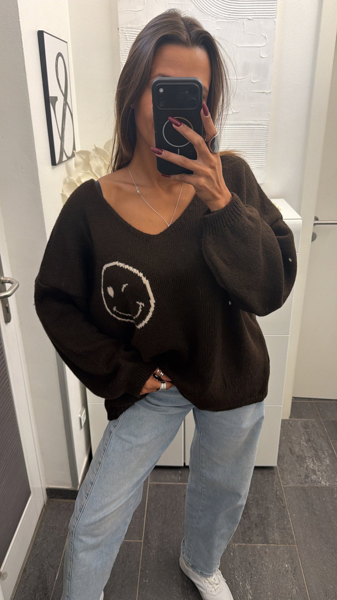 SMILEY Strick Pullover " all good " / dunkel braun - creme Art. 16440