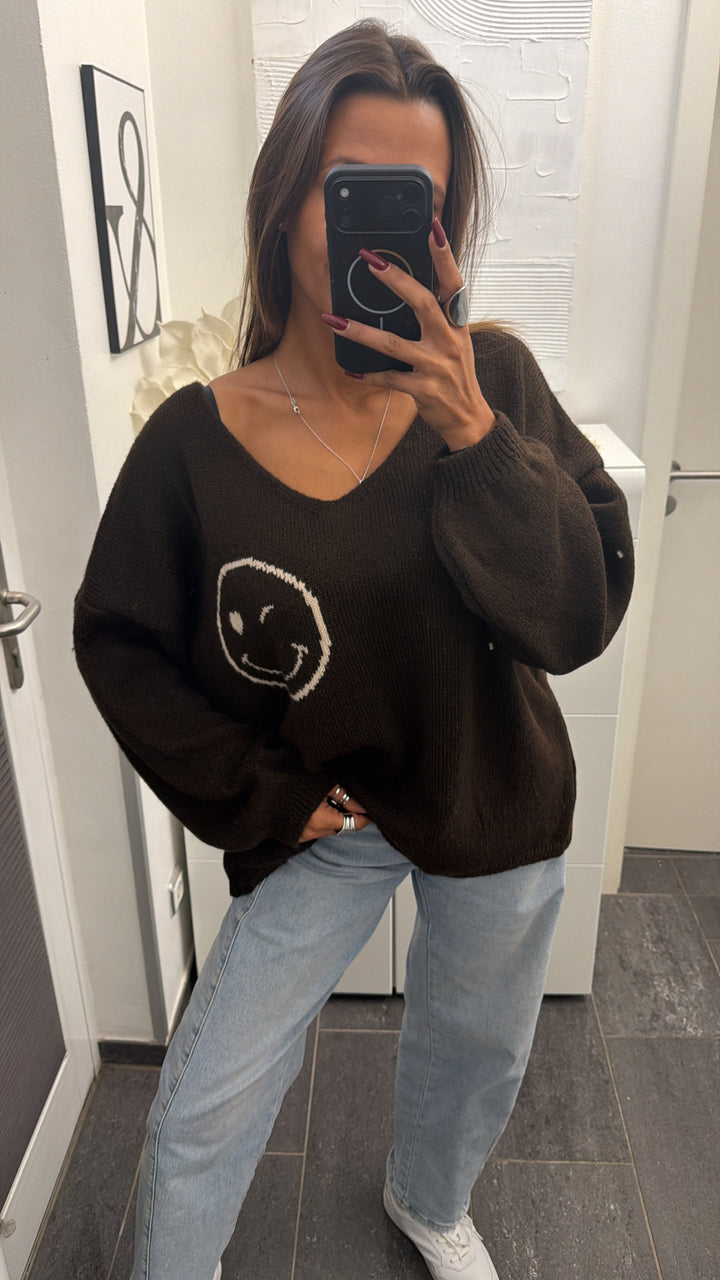 SMILEY Strick Pullover " all good " / dunkel braun - creme Art. 16440