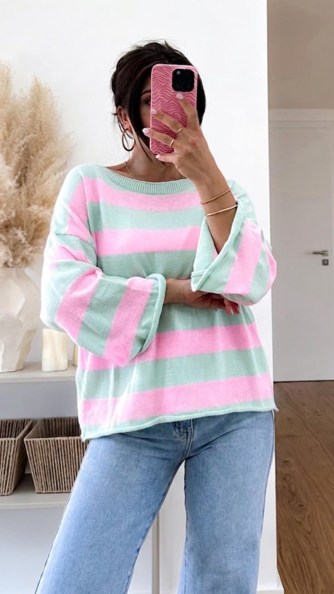 STREIFEN Feinstrick Pullover mit gerollten Saum / mint - rosa Art. 15545