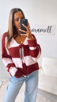 STREIFEN Strick Cardigan zum schnüren / soft rosa- Bordeaux rot  Art. 10821
