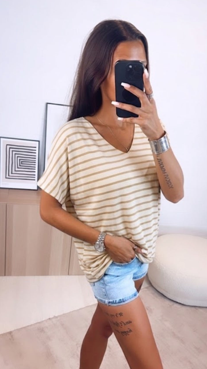 STREIFEN T-Shirt Oberteil mit V-Ausschnitt / creme - beige Art.15638