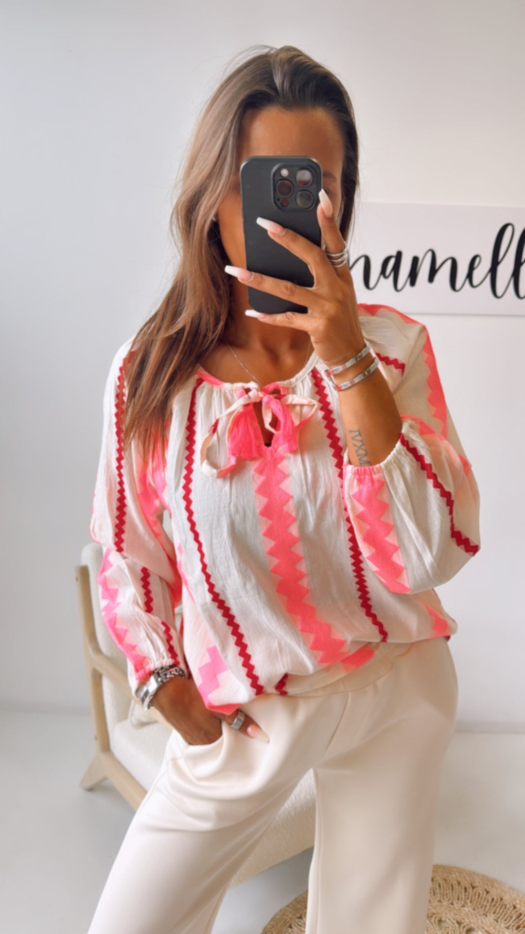 Bluse mit Muster, Bömmel / creme - magenta - neon pink Art. 10386