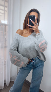 Backprint Strickpullover "it´s all good" / grau- rosa Art. 14281