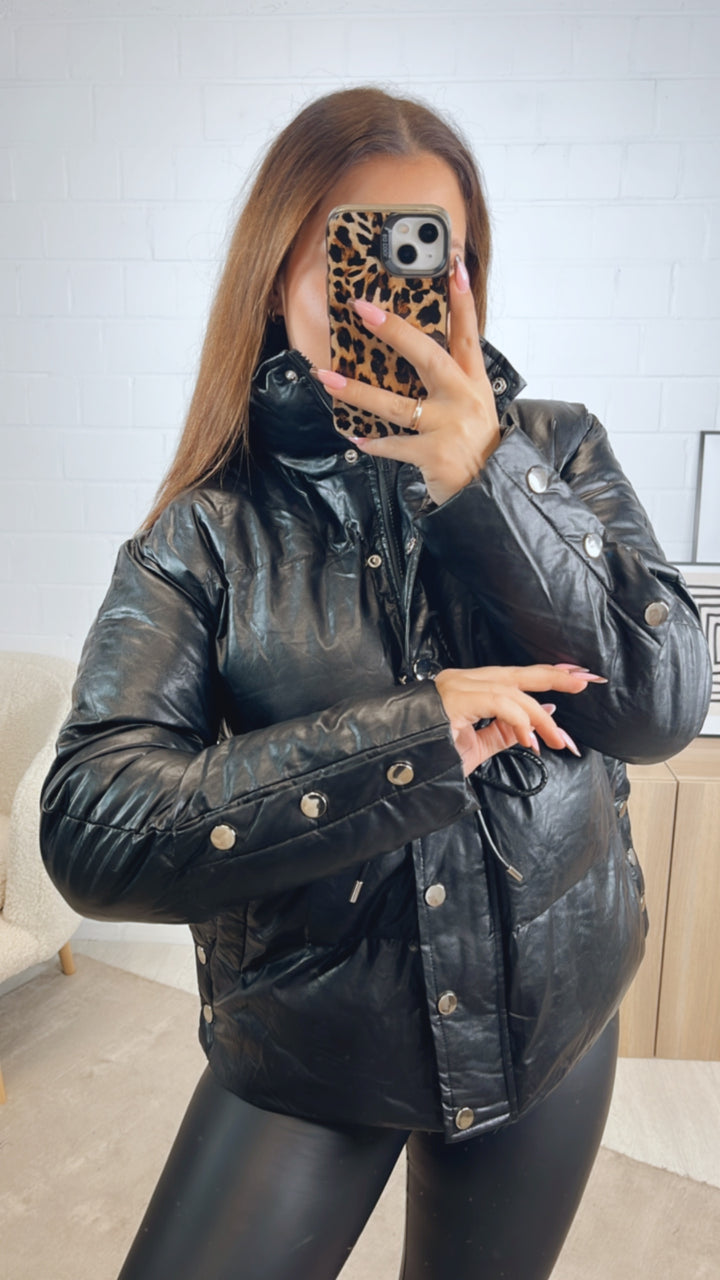 Lederimitat Jacke mit Knopfleiste, Reißverschluss / schwarz Art. 12866