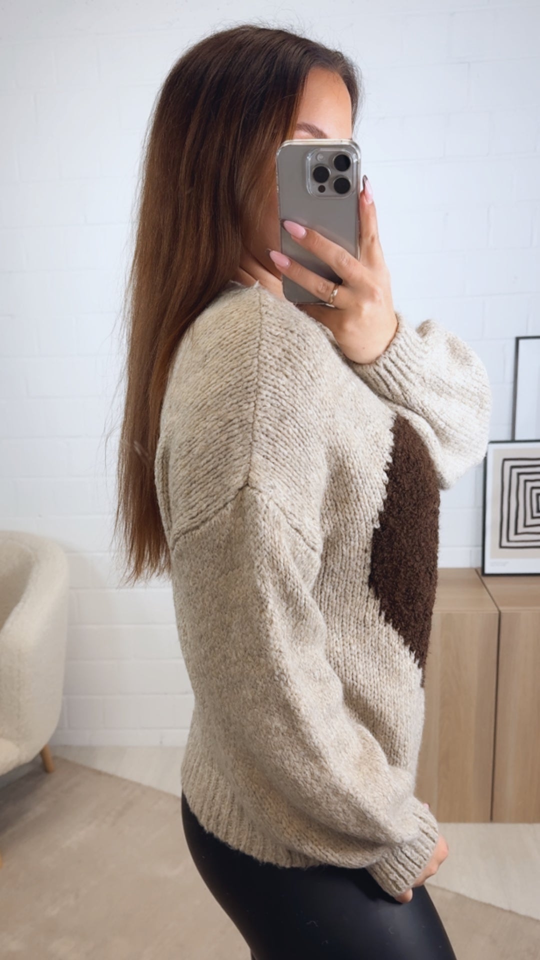 Strick Pullover mit Teddy Herz / beige - schoko braun Art. 13087