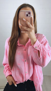 SCHLEIFEN KURZE Oversize Musselin Bluse / soft pink - neon pink Art. 10108
