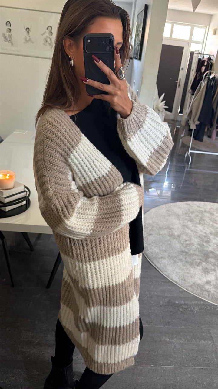 langer Grobstrick Cardigan mit Streifen / beige - creme Art. 16526
