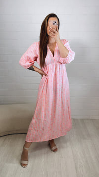 SCHLEIFEN (Midi-) Musselin Kleid, V-Ausschnitt, 3/4 - Ärmel / rosa - neon orange - pink Art. 10103