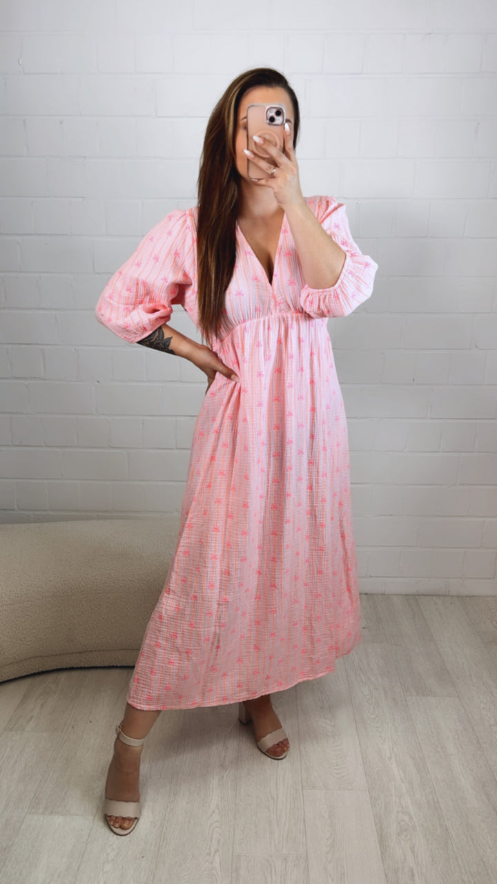 SCHLEIFEN (Midi-) Musselin Kleid, V-Ausschnitt, 3/4 - Ärmel / rosa - neon orange - pink Art. 10103