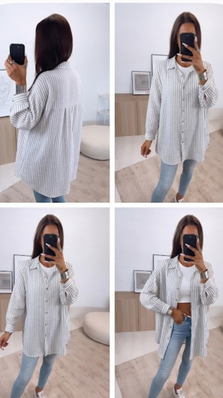STREIFEN LANGE Musselin Bluse / dunkel grau verwaschen - weiss Art. 15586