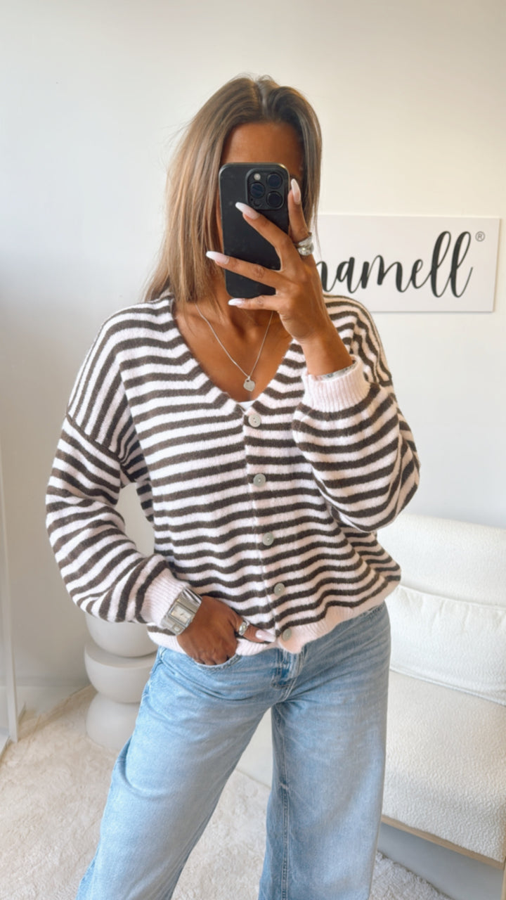 gestreifter Cardigan, Perlmutt Optik Knöpfe / braun-rosa  Art. 11207