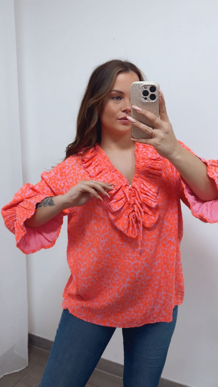 LEO Musselin Bluse mit Volant Ausschnitt / rosa - orange Art. 14734