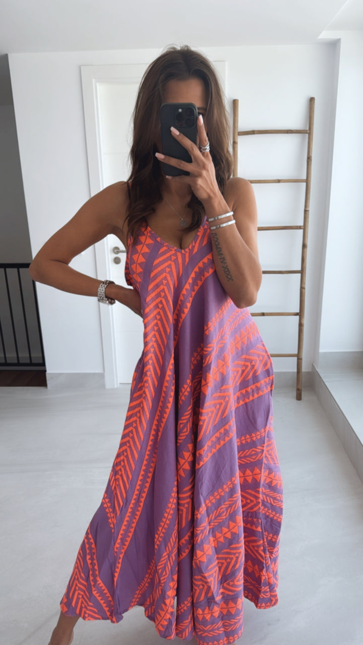 (Maxi-) PREMIUM Summer Vibe Kleid / Hängerchen / lila - neon coral Art. 9575