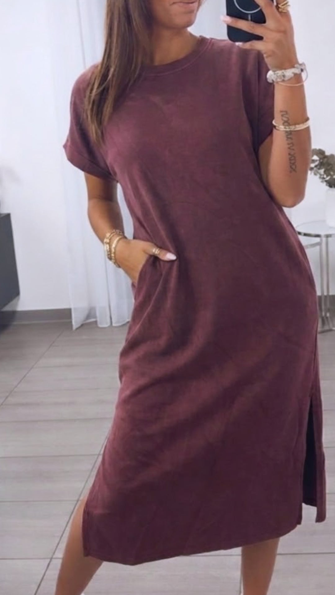 T Shirt Kleid Butterstoff mit seitlichen Taschen / Bordeaux rot Art. 16036