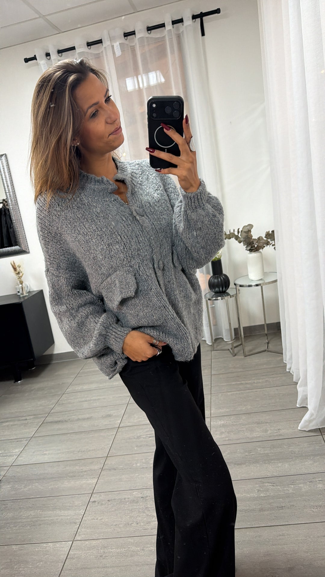Oversize Strick Cardigan mit Taschen, Strick Knöpfe / dunkel grau Art. 16454