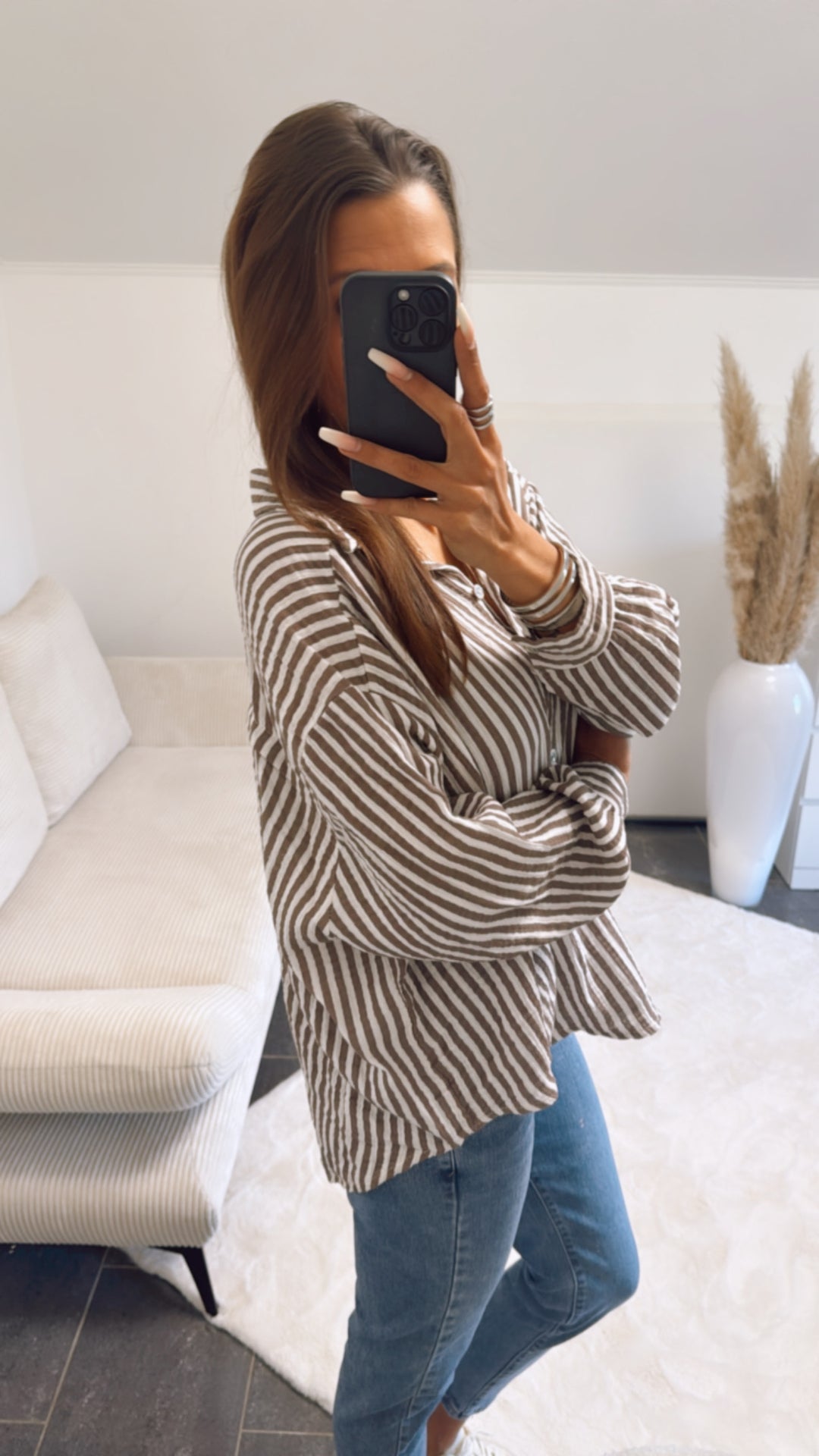 KURZE Oversize Musselin Bluse mit Streifen / braun - beige Art. 9327