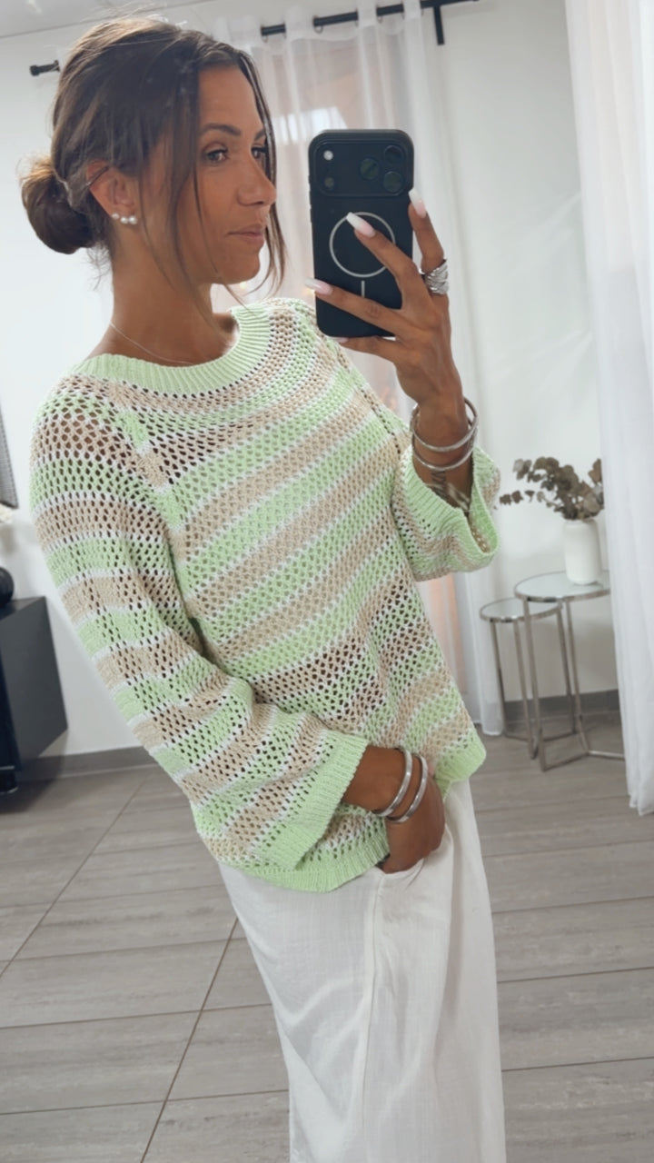Luftiger, fester Streifen Strick Pullover / mint - beige - weiß Art.15651