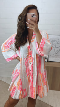 Musselin Kleid / Tunika mit Muster / weiss - neon pink - neon orange Art. 10667