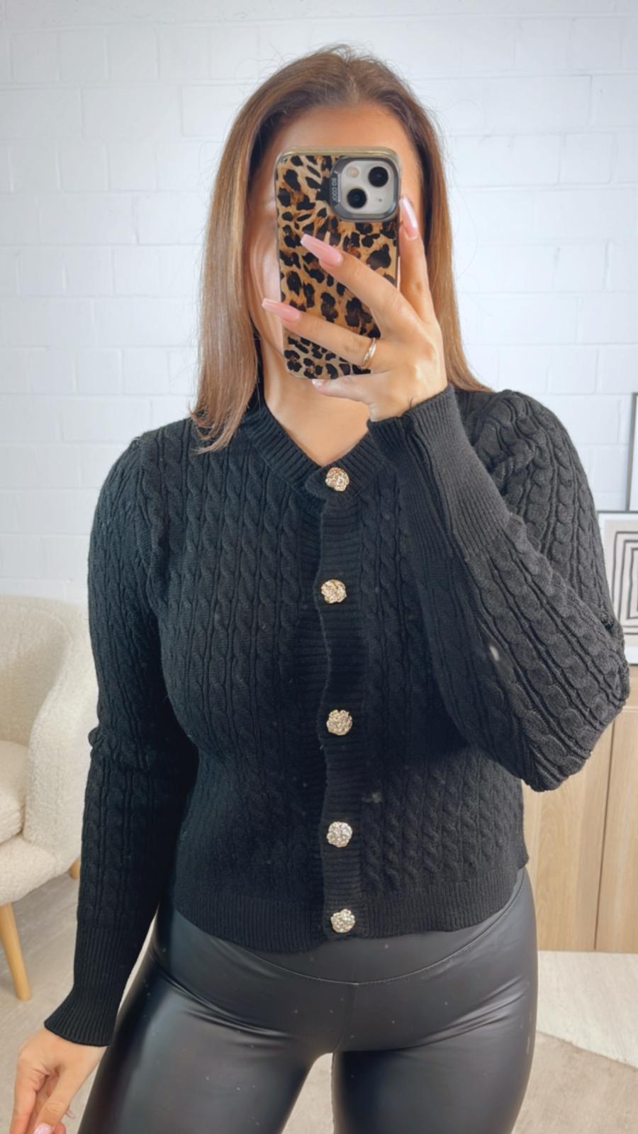 Oberteil / Jacke mit Zopfmuster und goldenen Knöpfen / schwarz Art. 12838