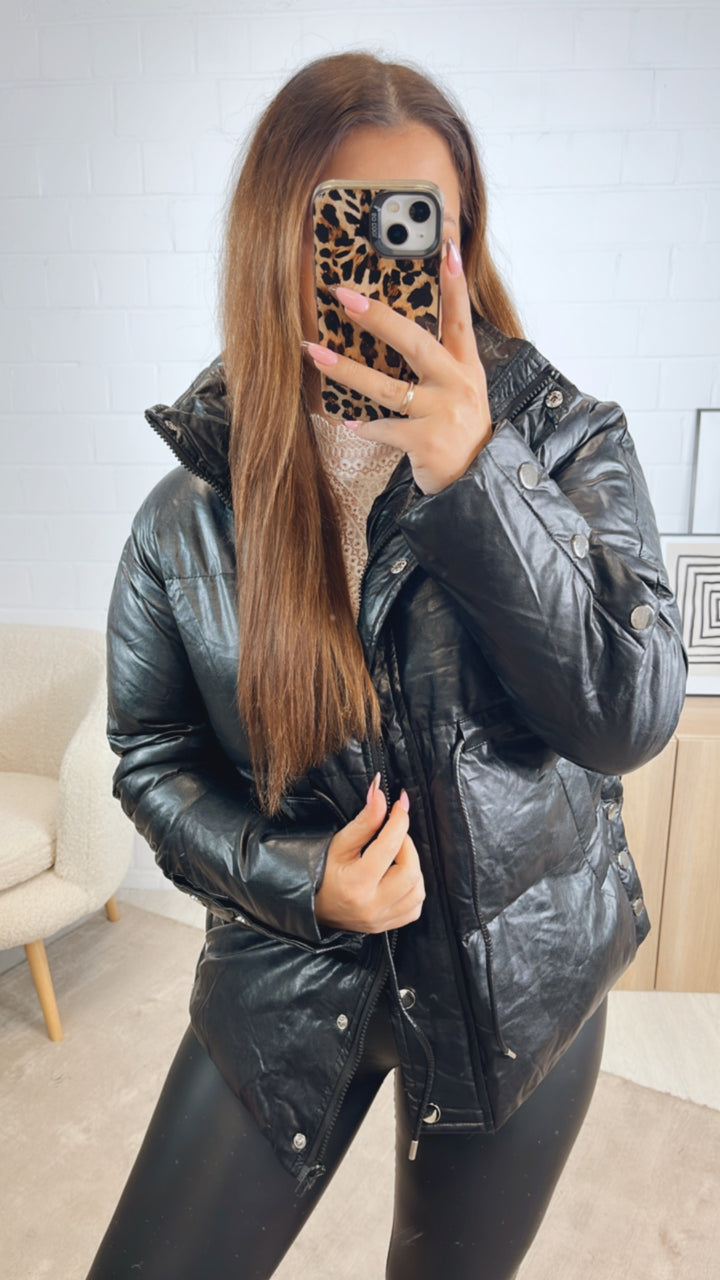 Lederimitat Jacke mit Knopfleiste, Reißverschluss / schwarz Art. 12866