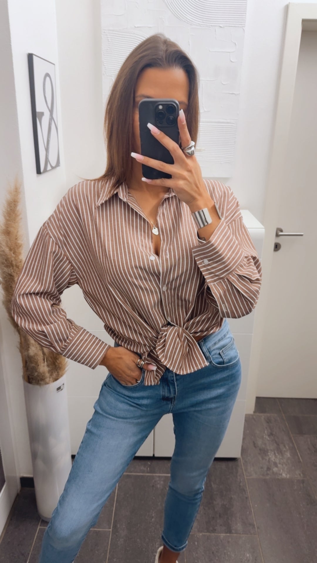 STREIFEN Baumwoll - Leinen Mix Bluse / braun - weiss Art. 14027