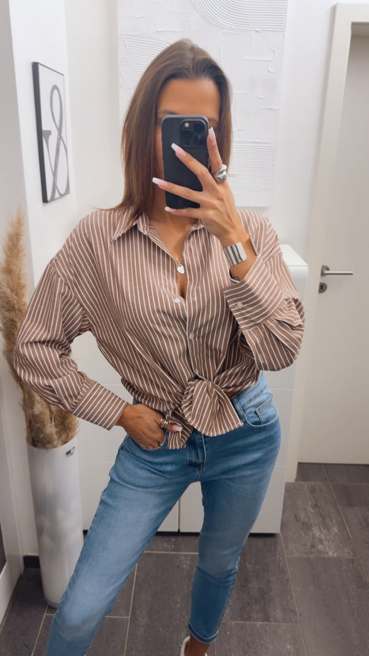 STREIFEN Baumwoll - Leinen Mix Bluse / braun - weiss Art. 14027