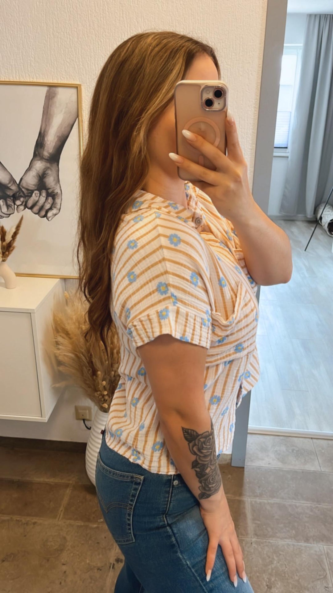 STREIFEN - BLUMEN Musselin Bluse, kurze Arme / weiss - beige - blau Art. 9908