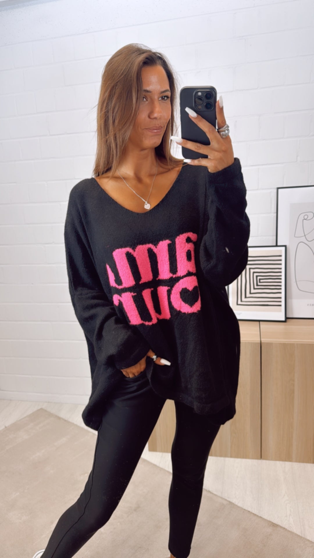 weiter Strick Pullover " Amour " /  schwarz - pink Art. 10798