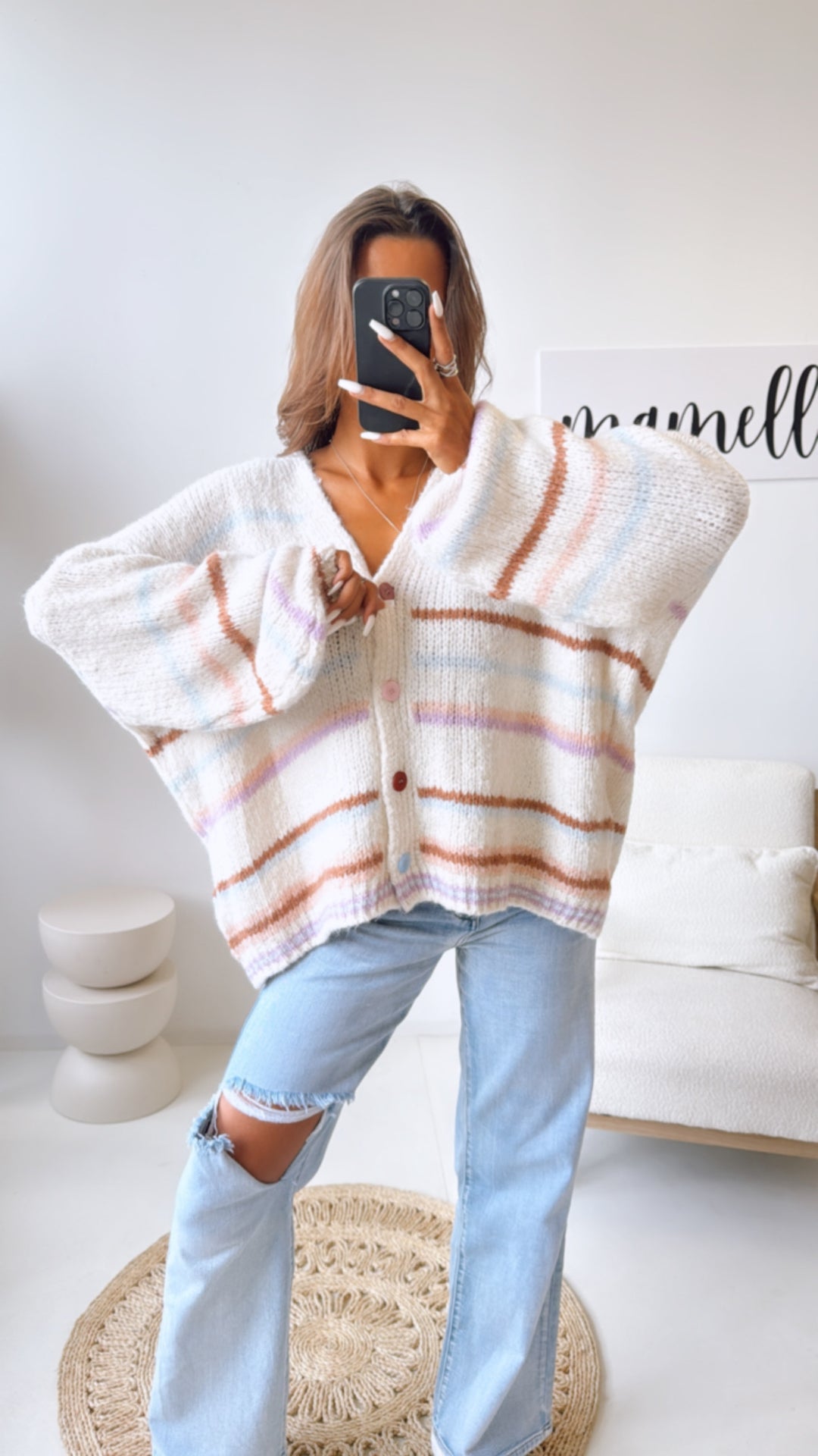 STREIFEN ultra weiter Cardigan / wollweiss - hell blau - flieder - braun - rosa Art. 10817