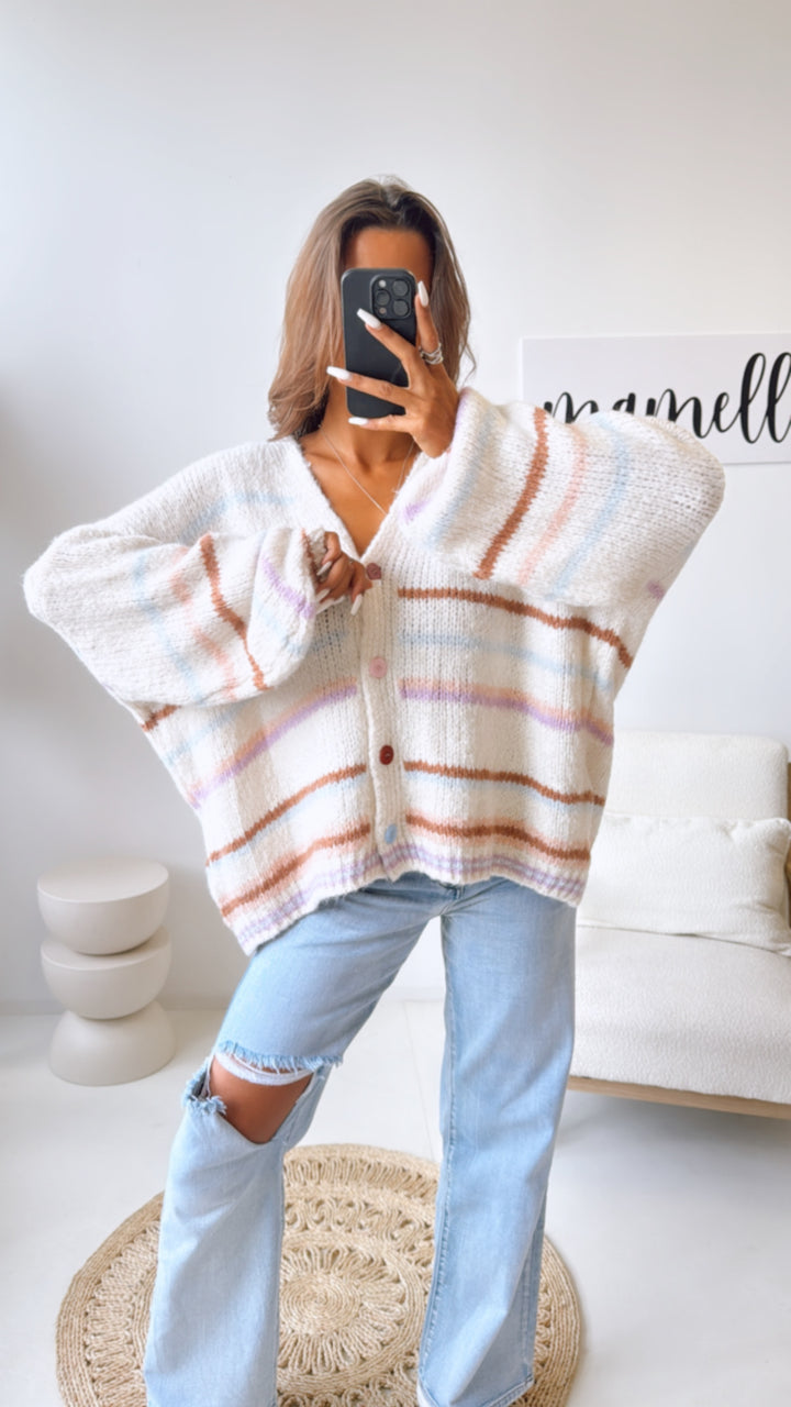 STREIFEN ultra weiter Cardigan / wollweiss - hell blau - flieder - braun - rosa Art. 10817
