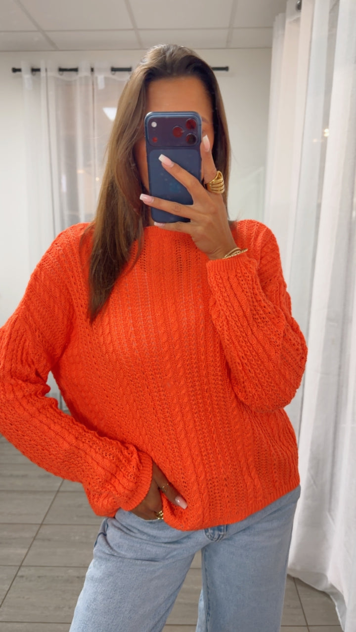 leichter Strick Pullover mit Zopfmuster / orange Art. 14940