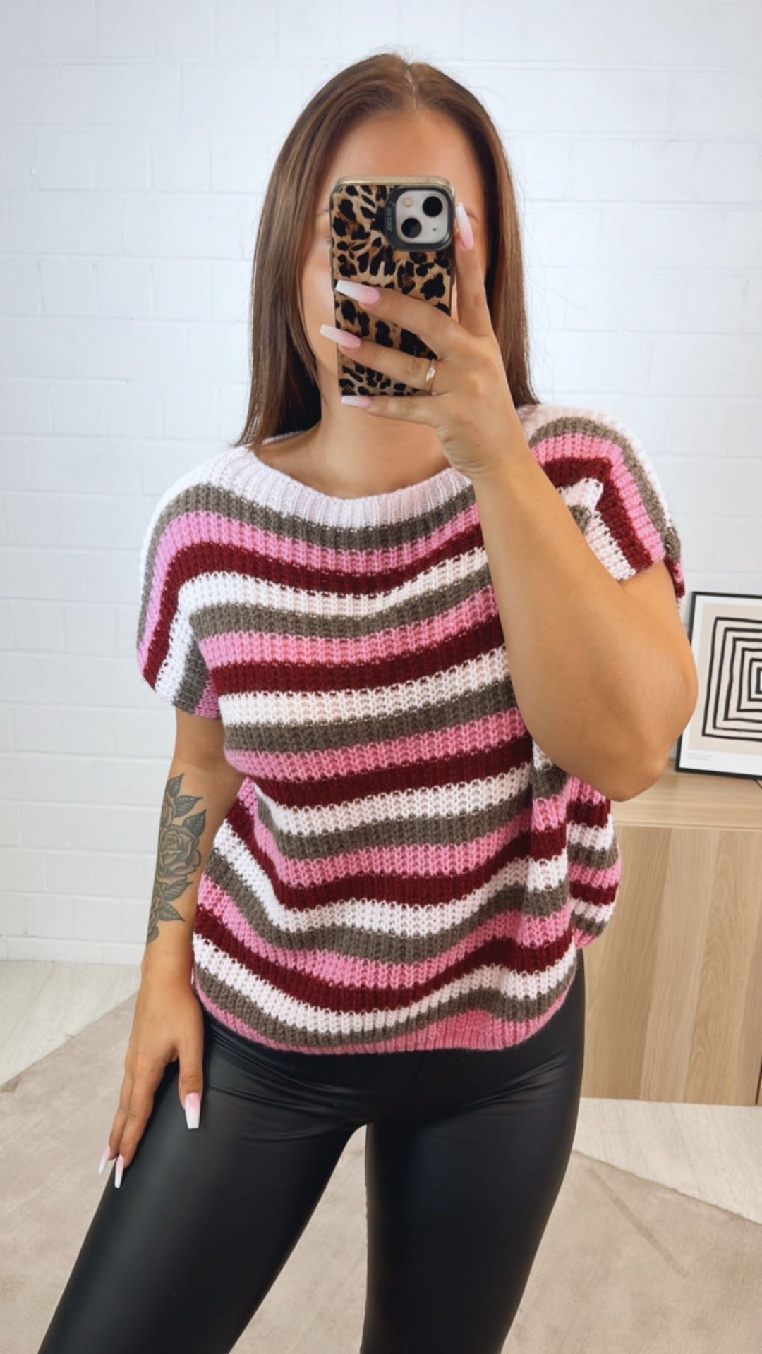 Strickpullunder im Farbmix / bordeaux - weiß - schlamm - pink Art.122352