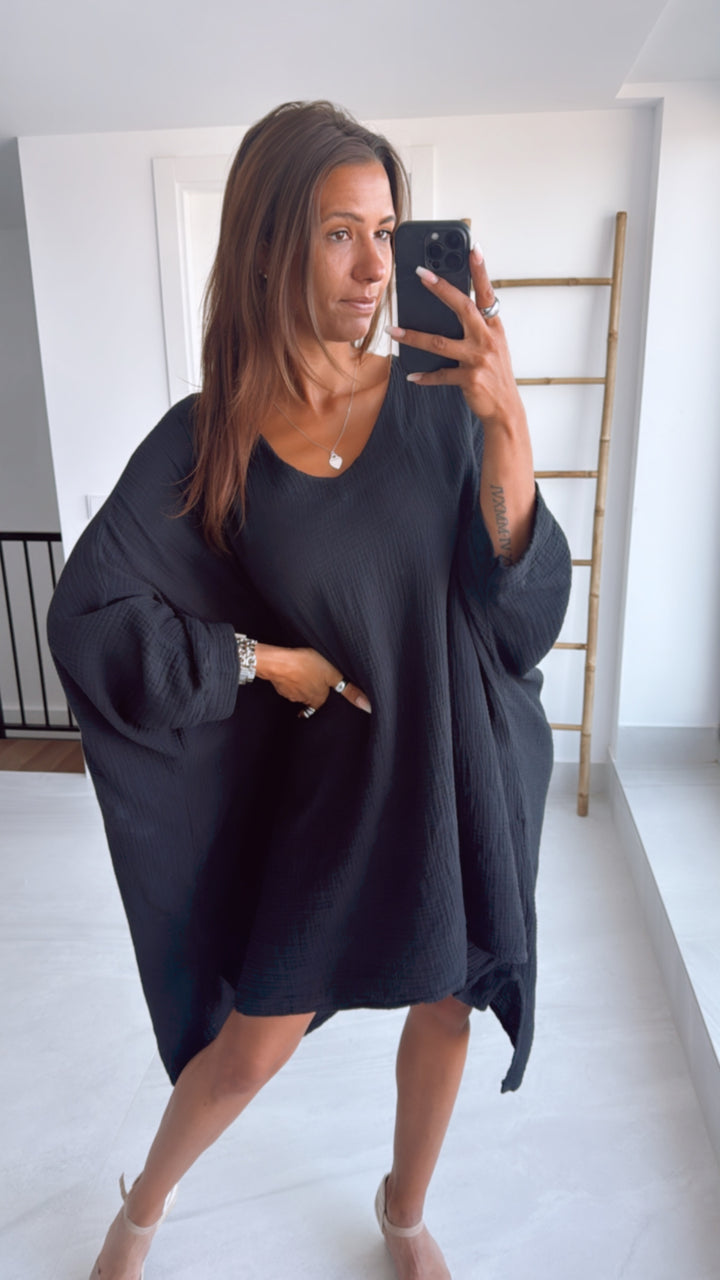 Musselin Ultra Vokuhila Long Bluse / schwarz Art. 9776