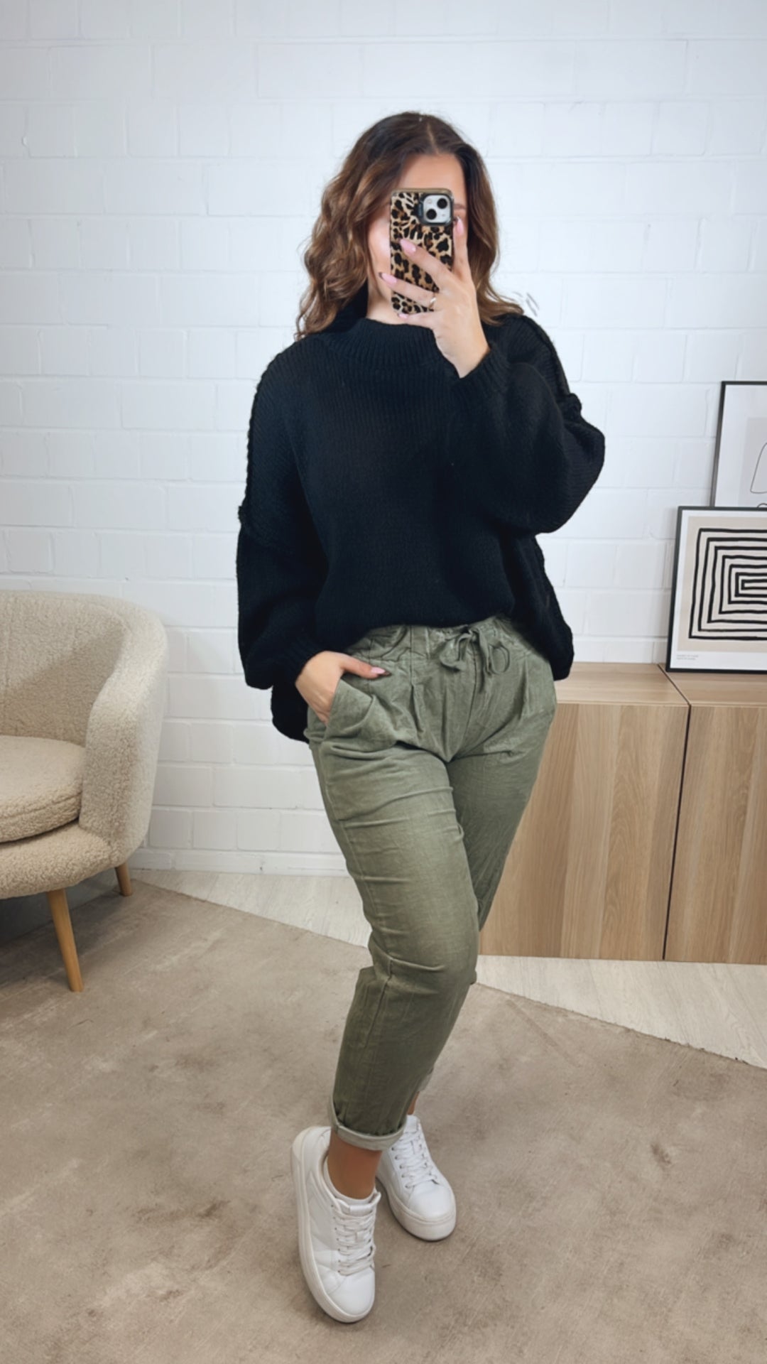 lockere Knitter Optik Hose im Velours Look / soft khaki Art. 12860