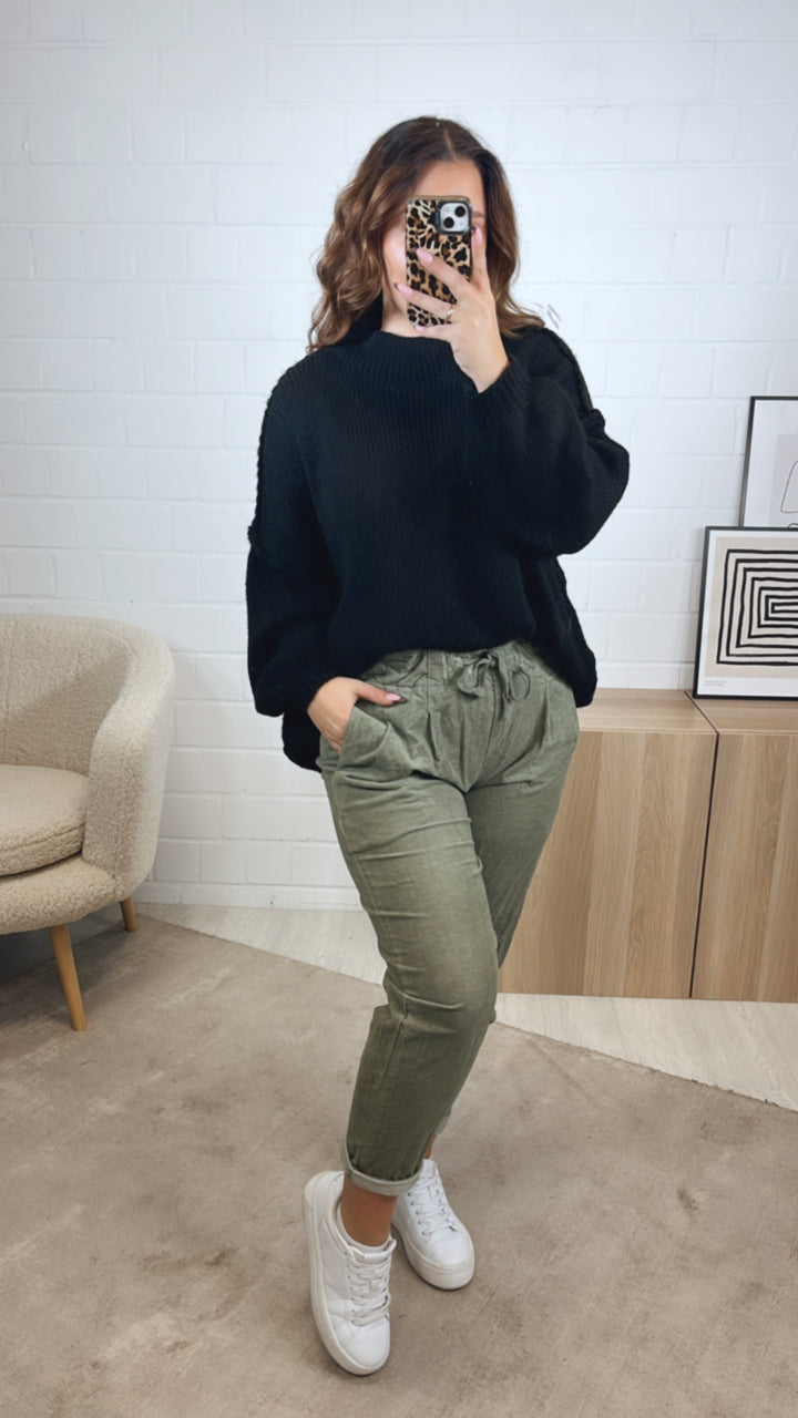 lockere Knitter Optik Hose im Velours Look / soft khaki Art. 12860